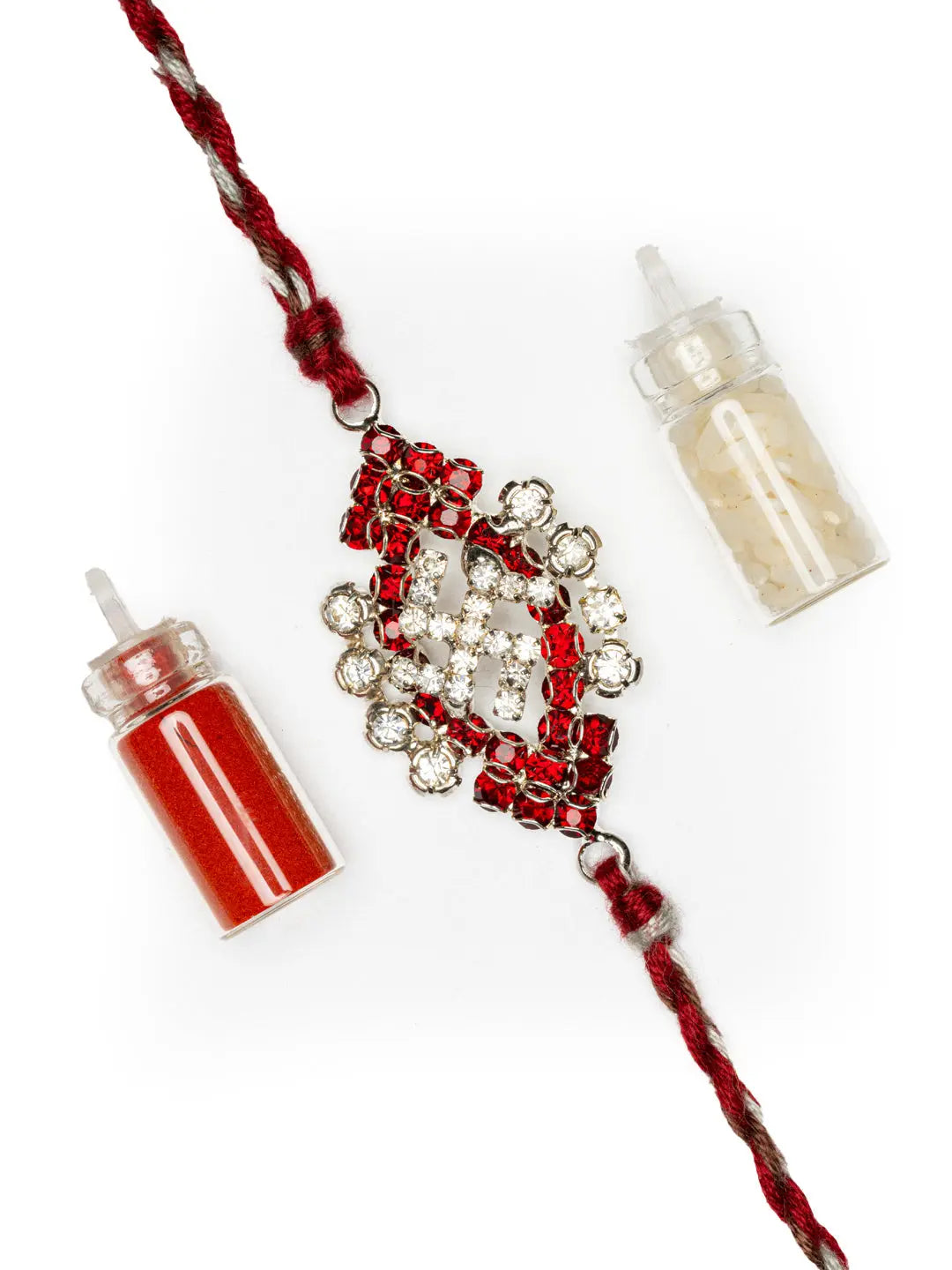 Exclusive American Diamond Maroon Swastik Rakhi Bracelet with Grey Maroon Dori Roli Chawal for Boys & Men - Lookandadorn.com