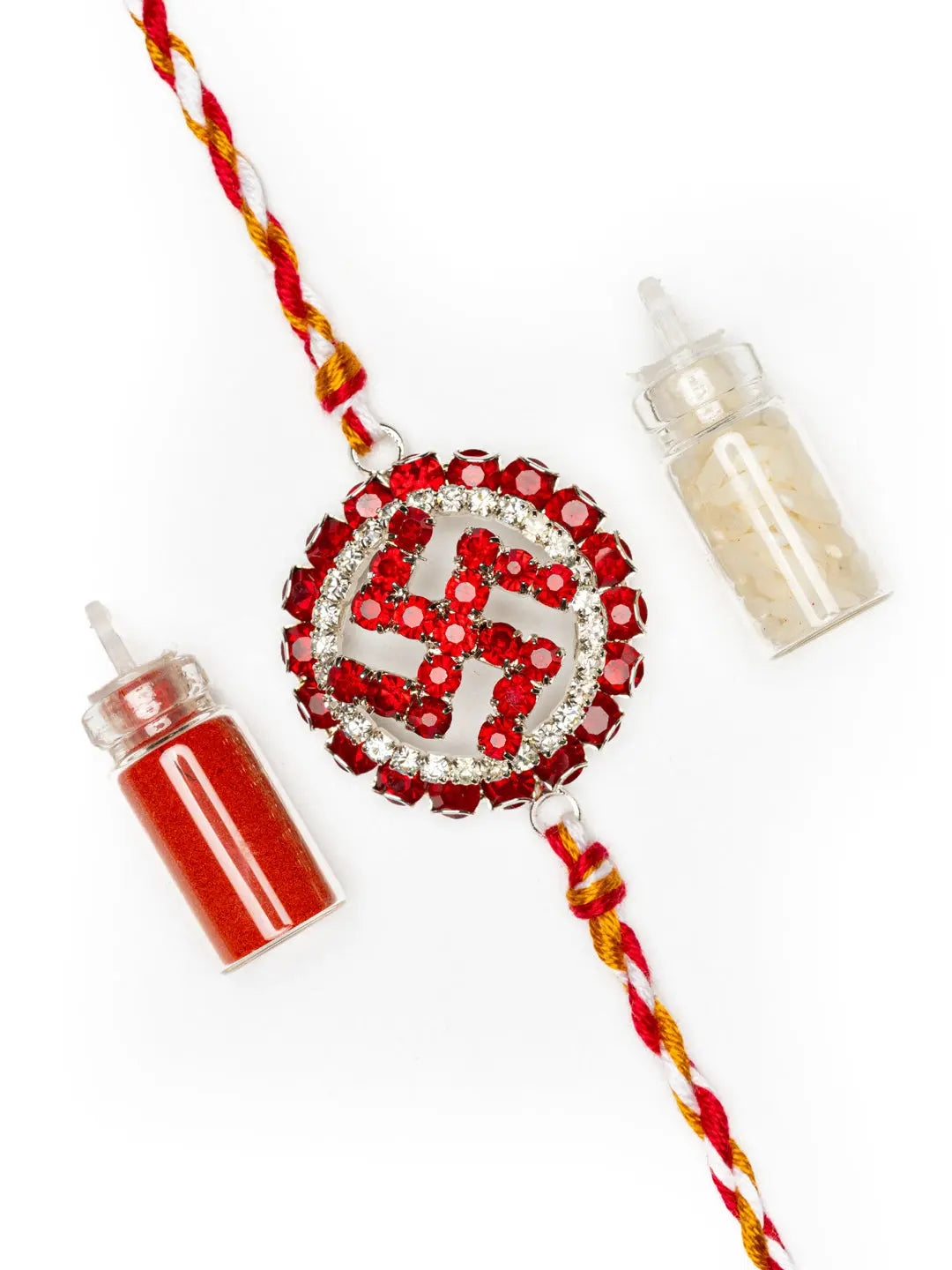 Exclusive Circular Red White American Diamond Swastik Rakhi Bracelet with Red White Golden Dori and Roli Chawal for Boys and Men - Lookandadorn.com