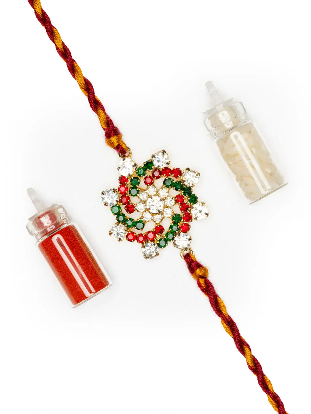 Exclusive American Diamond Floral Red Green Rakhi Bracelet with maroon Golden Dori Roli Chawal for Boys & Men - Lookandadorn.com