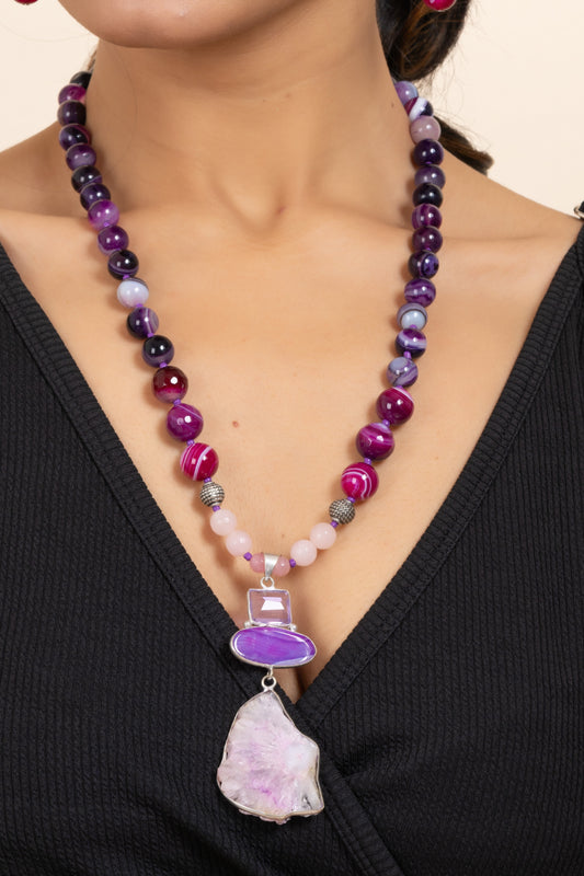 Semi Precious Purple Pink Agate Onyx Stone Necklace with Matching Earring Set