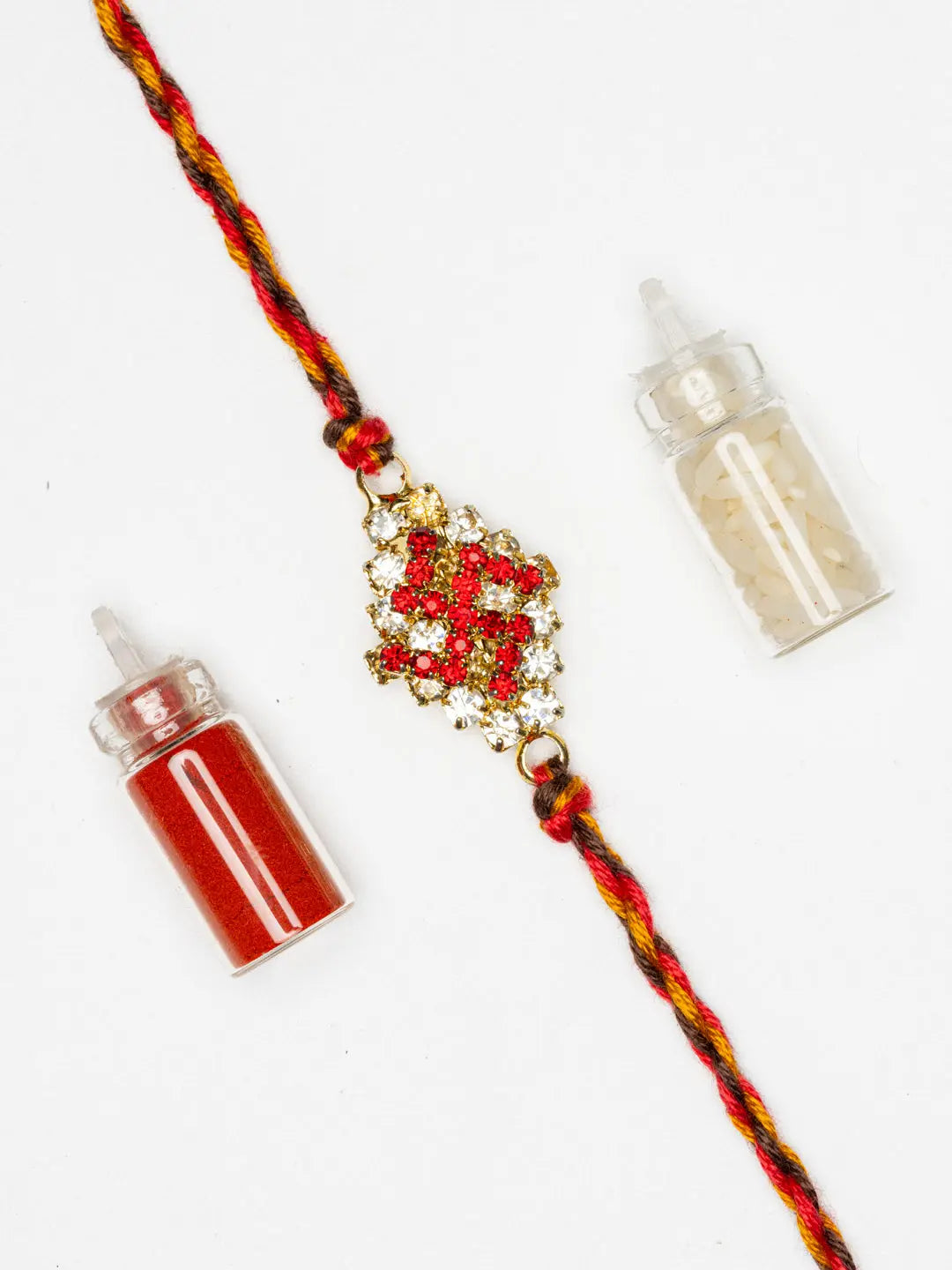 Exclusive American Diamond Swastik Rakhi Bracelet with Red Golden Dori Roli Chawal for Boys & Men - Lookandadorn.com