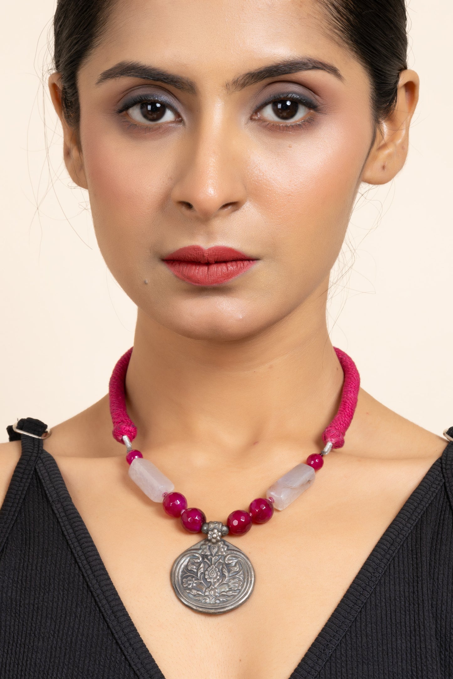 92.5 Pure Silver Floral Pendant strung with Pink Onyx Purple Agate stone and Pink Dori