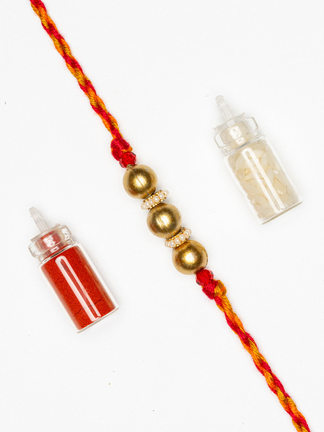 Designer Triplet Golden Bead Rakhi for Men and Boys with Roli Chawal - Lookandadorn.com