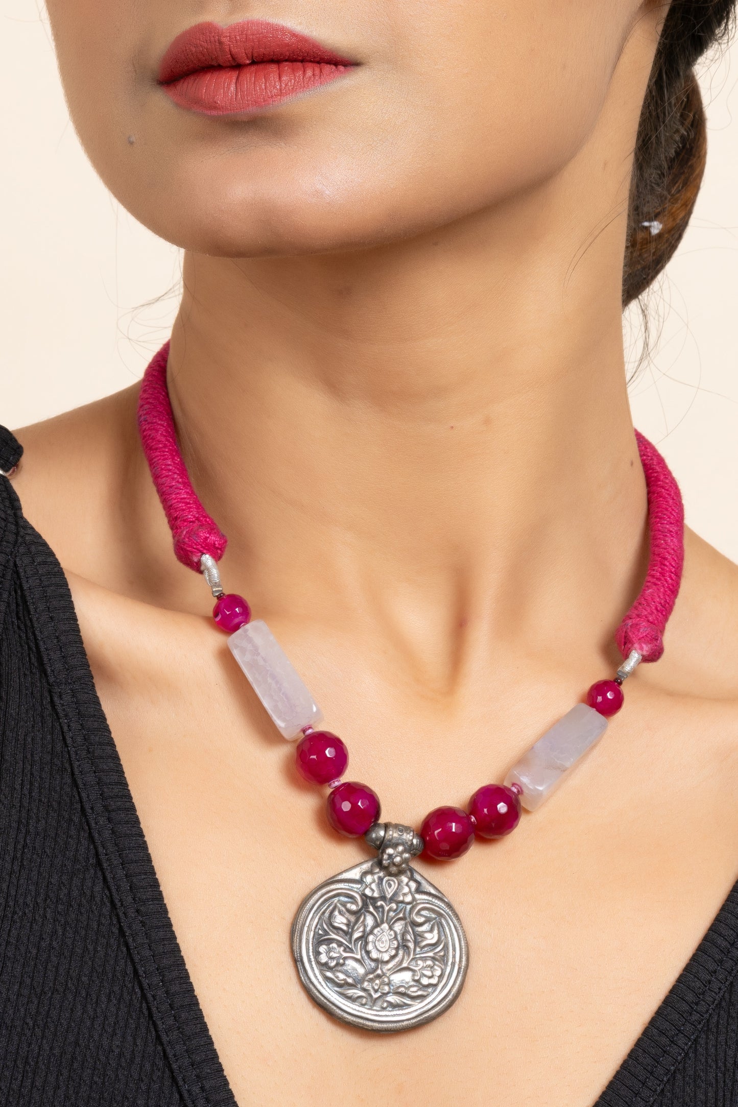 92.5 Pure Silver Floral Pendant strung with Pink Onyx Purple Agate stone and Pink Dori