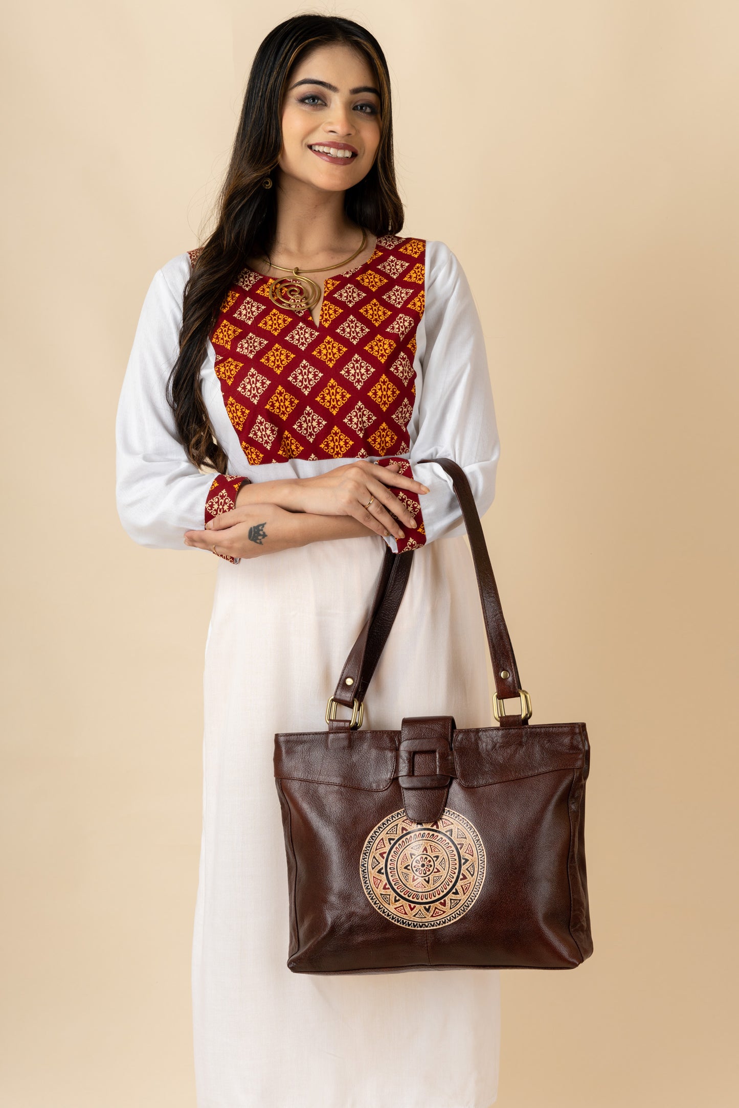 Shantiniketan Leather Traditional Motif Printed Brown Handbag (14*14) for Women