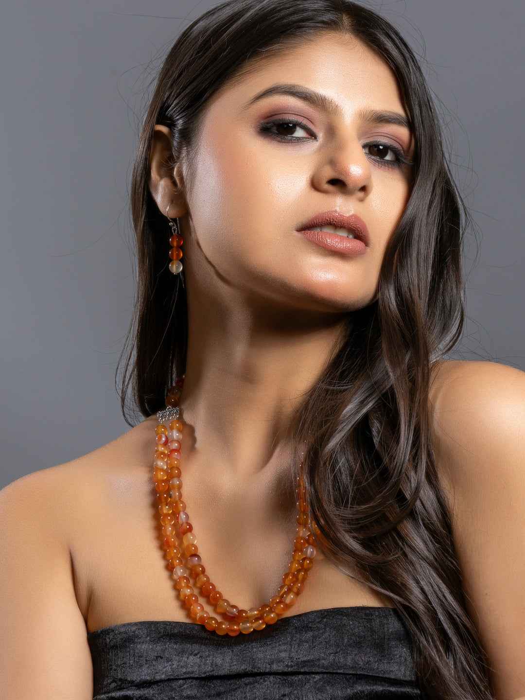 Natural Orange Carnelian Double Layered Necklace set with Earrings