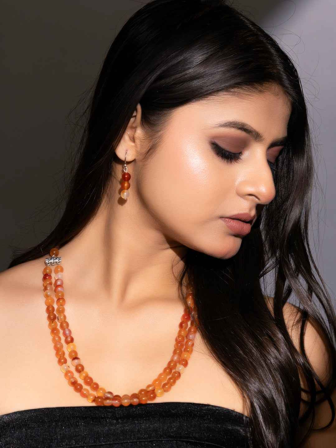 Natural Orange Carnelian Double Layered Necklace set with Earrings