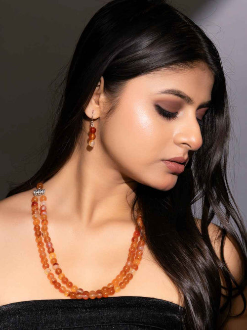 Natural Orange Carnelian Double Layered Necklace set with Earrings