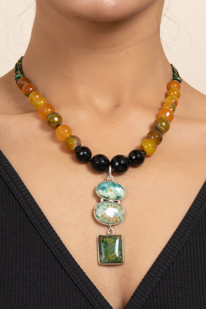 Green Black Yellow Semi precious Agate Onyx Stone necklace with Matching Earring and Adjustable dori