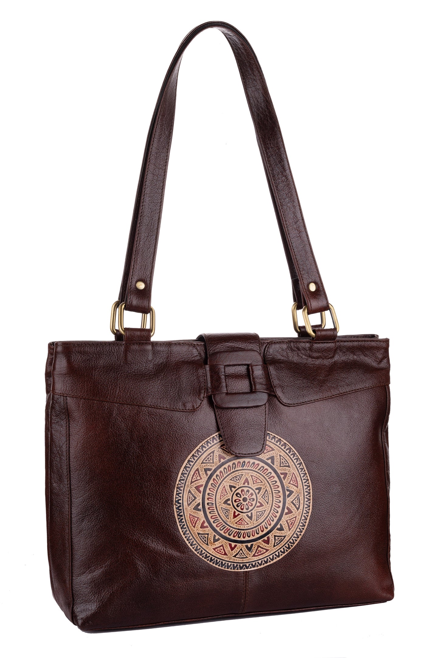 Shantiniketan Leather Traditional Motif Printed Brown Handbag (14*14) for Women