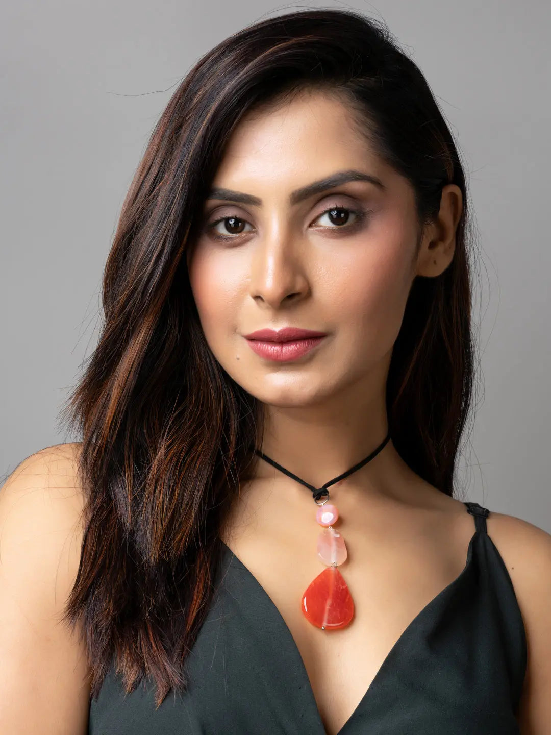 Peach Onyx Agate Designer Sleek Necklace with Black Suede Cord - Lookandadorn.com