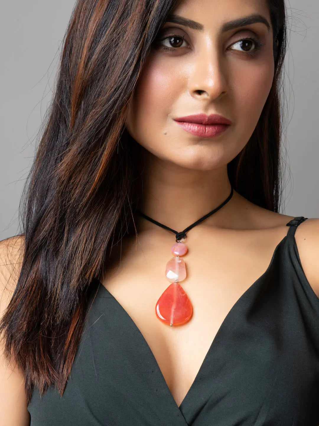 Peach Onyx Agate Designer Sleek Necklace with Black Suede Cord - Lookandadorn.com