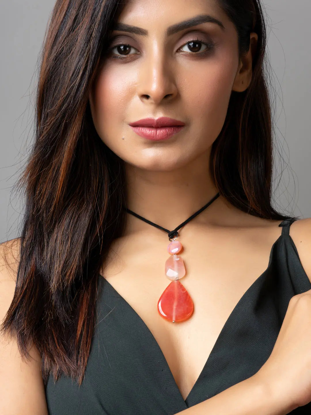 Peach Onyx Agate Designer Sleek Necklace with Black Suede Cord - Lookandadorn.com