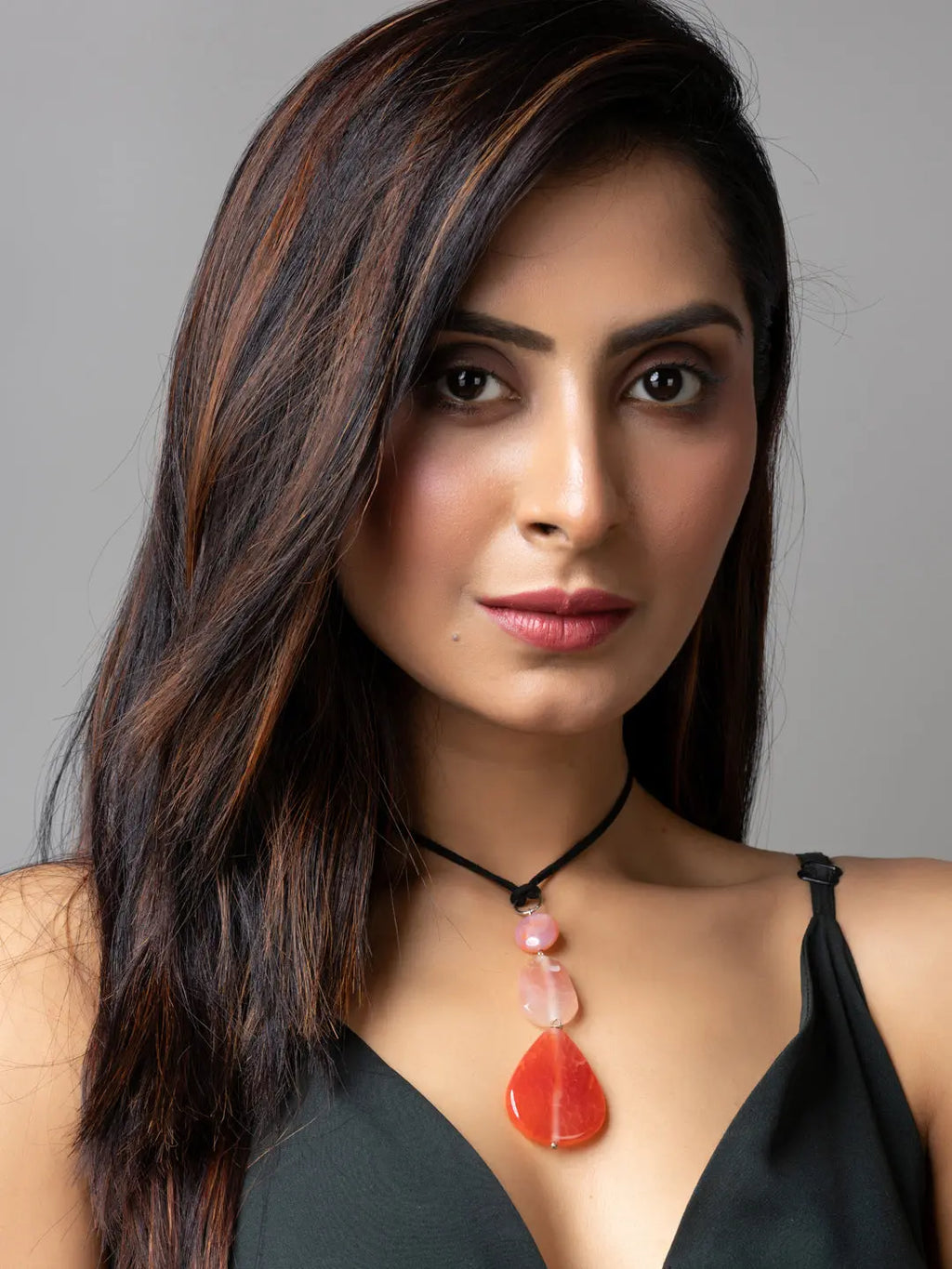Peach Onyx Agate Designer Sleek Necklace with Black Suede Cord - Lookandadorn.com