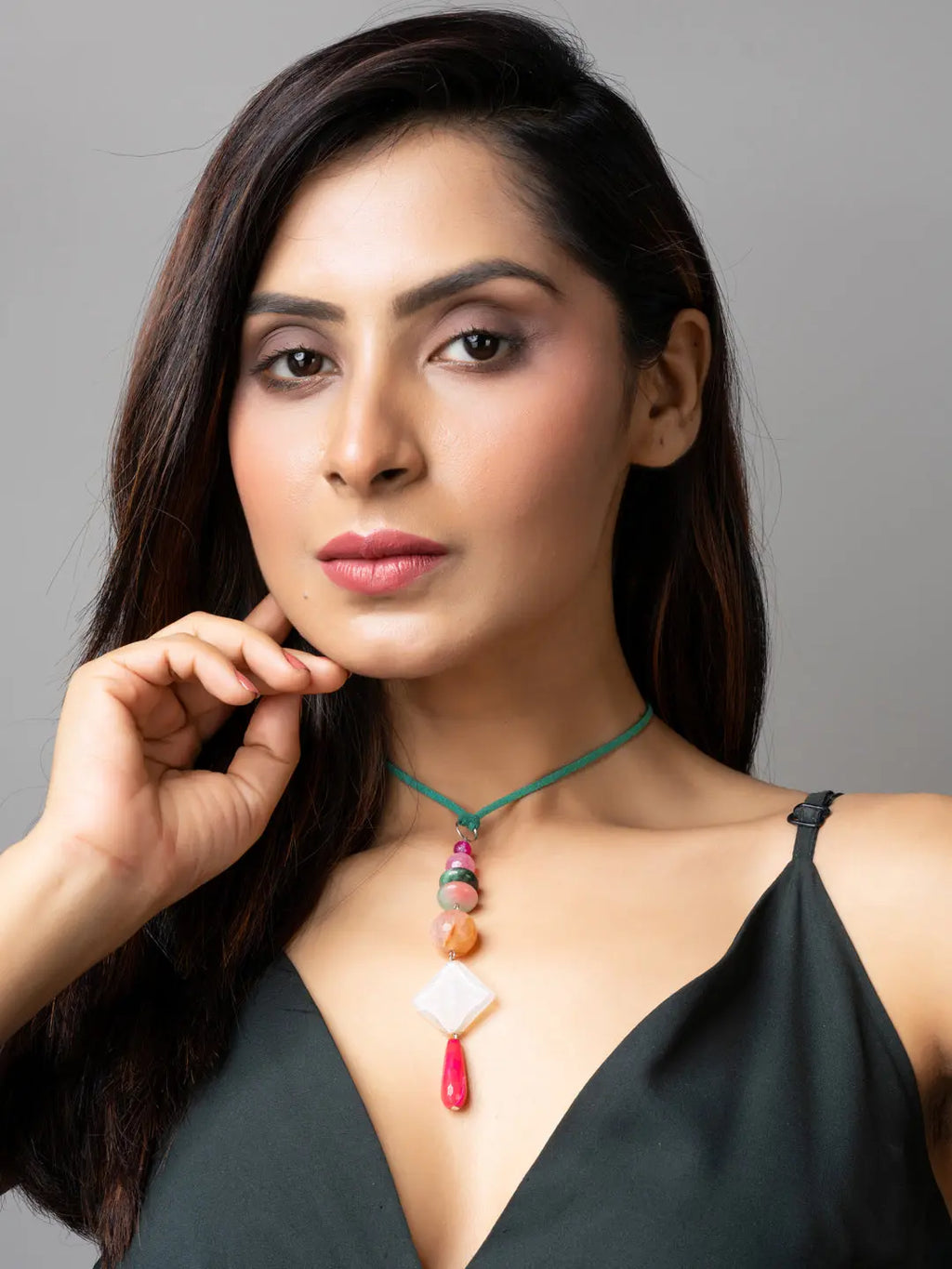Pink Green Onyx Agate Designer Sleek Necklace with Suede Cord - Lookandadorn.com