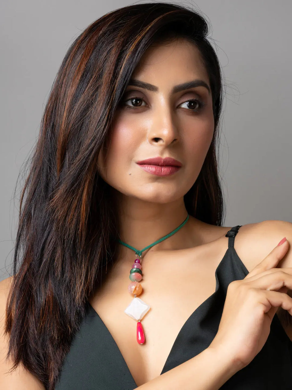 Pink Green Onyx Agate Designer Sleek Necklace with Suede Cord - Lookandadorn.com