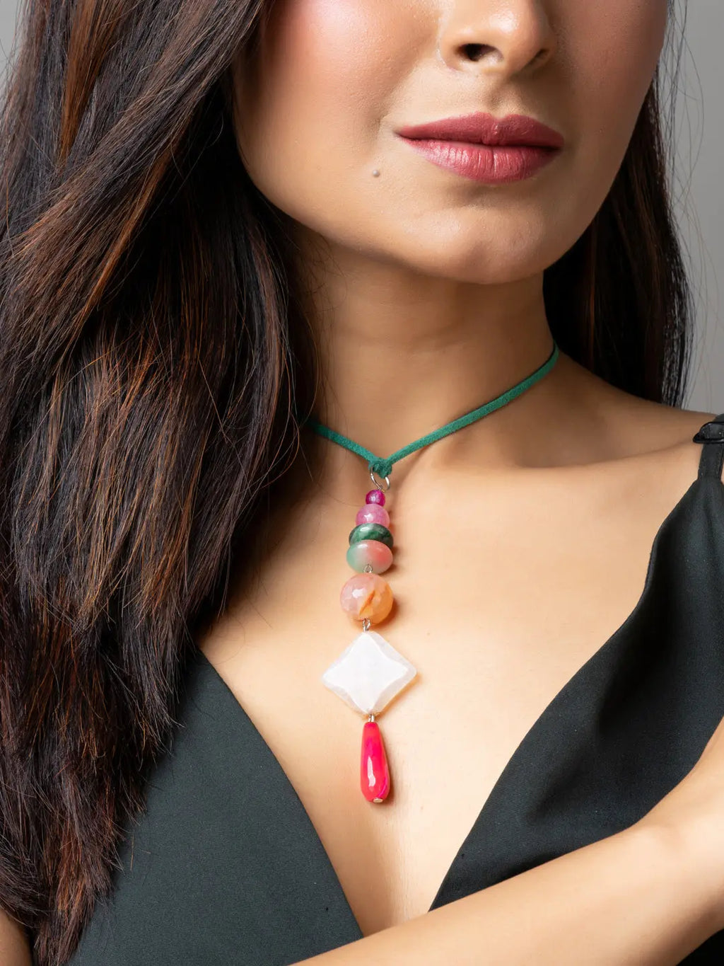 Pink Green Onyx Agate Designer Sleek Necklace with Suede Cord - Lookandadorn.com