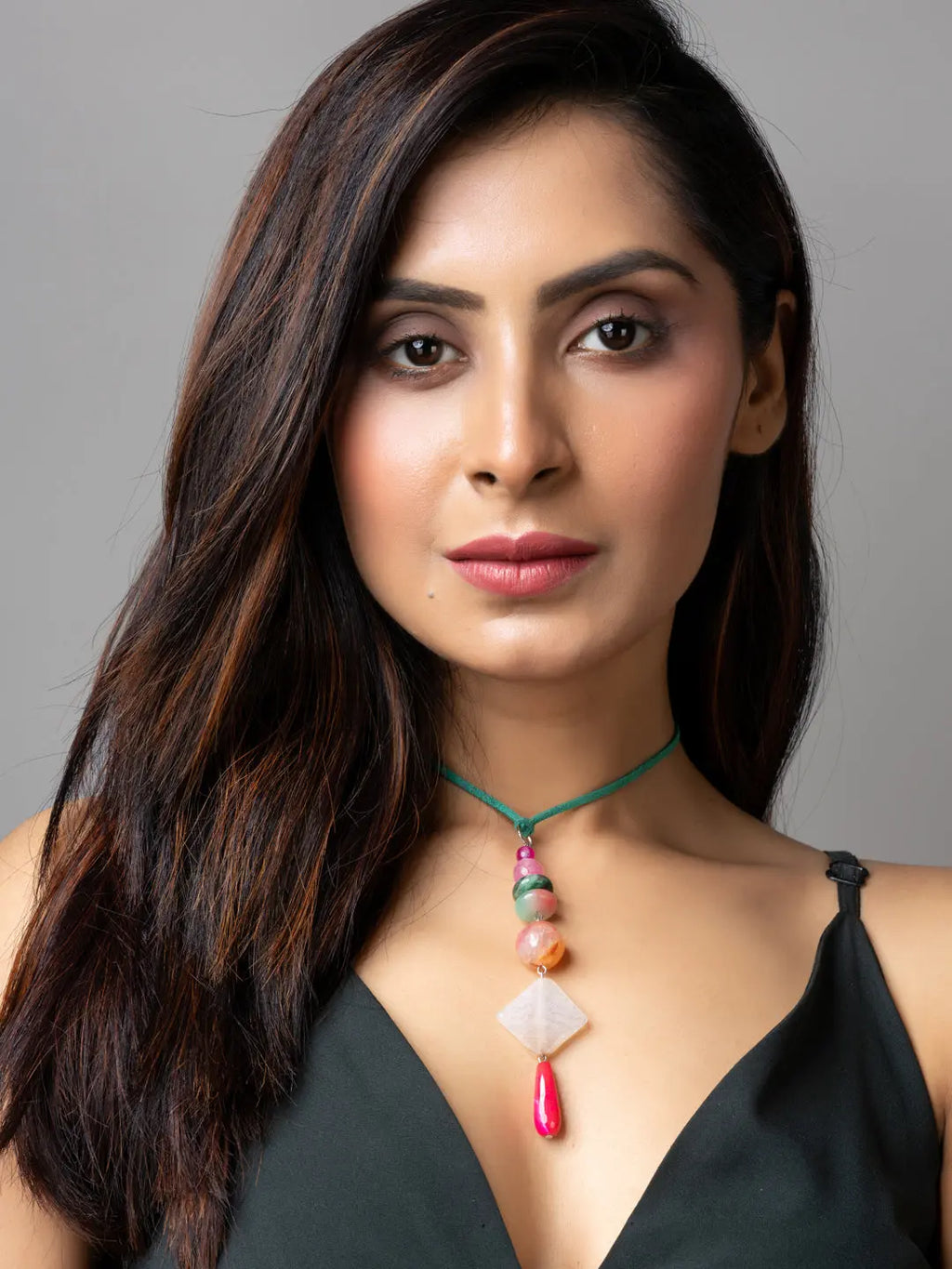 Pink Green Onyx Agate Designer Sleek Necklace with Suede Cord - Lookandadorn.com