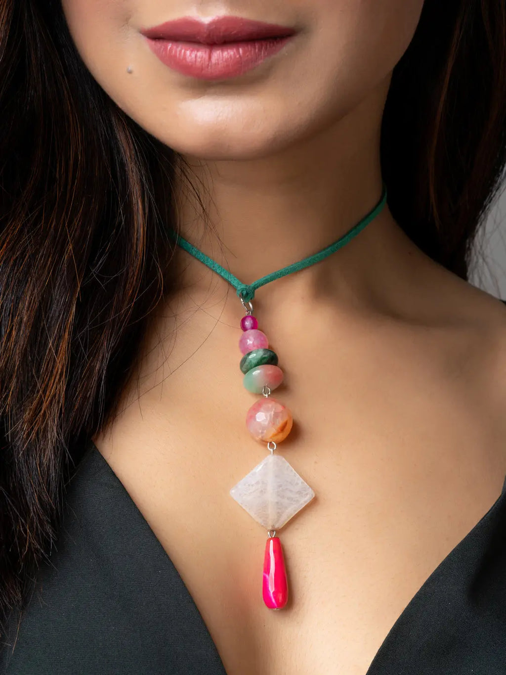 Pink Green Onyx Agate Designer Sleek Necklace with Suede Cord - Lookandadorn.com