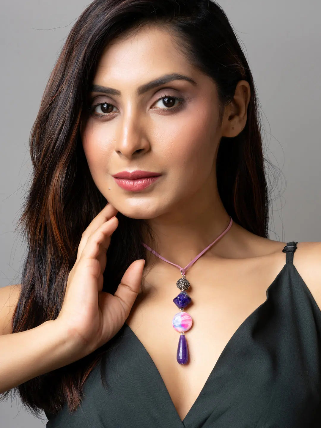 Purple Pink Onyx Agate Designer Sleek Necklace with Suede Cord - Lookandadorn.com