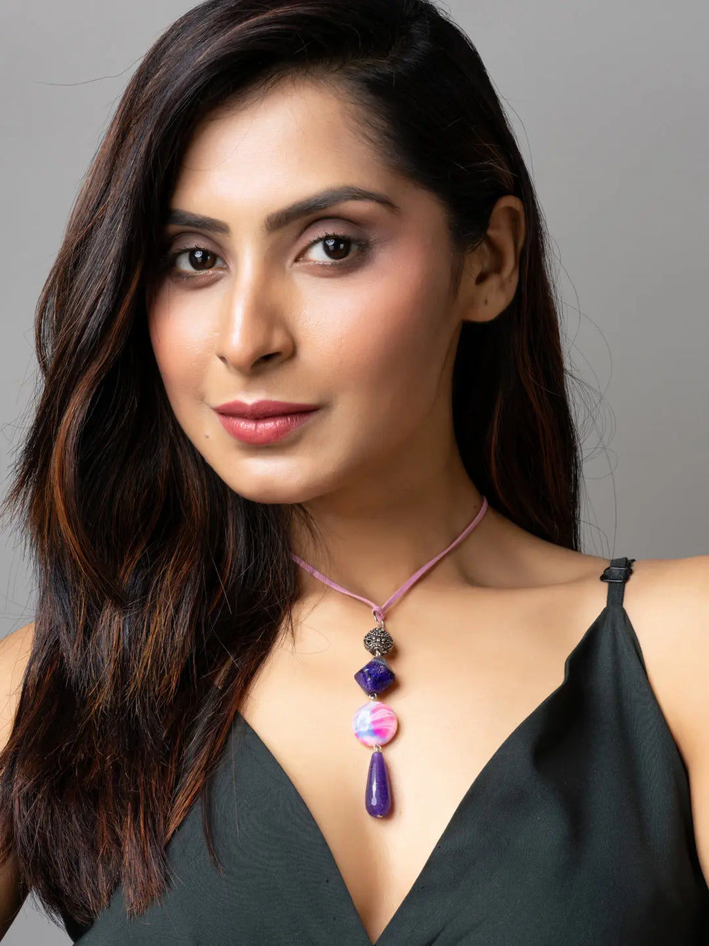 Purple Pink Onyx Agate Designer Sleek Necklace with Suede Cord - Lookandadorn.com