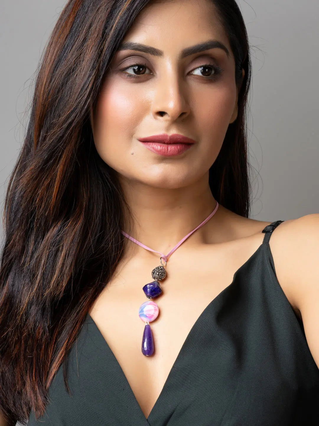 Purple Pink Onyx Agate Designer Sleek Necklace with Suede Cord - Lookandadorn.com