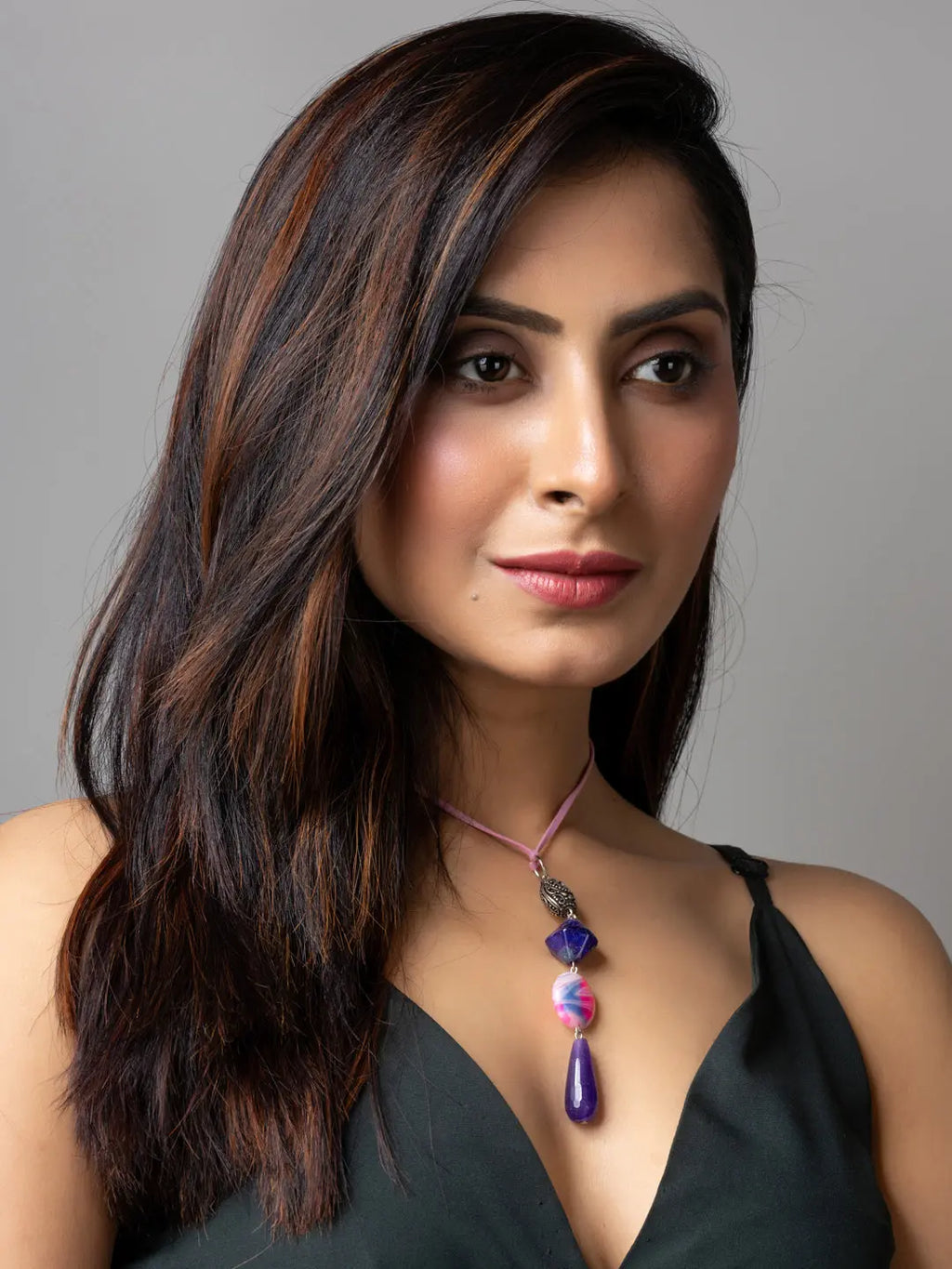 Purple Pink Onyx Agate Designer Sleek Necklace with Suede Cord - Lookandadorn.com