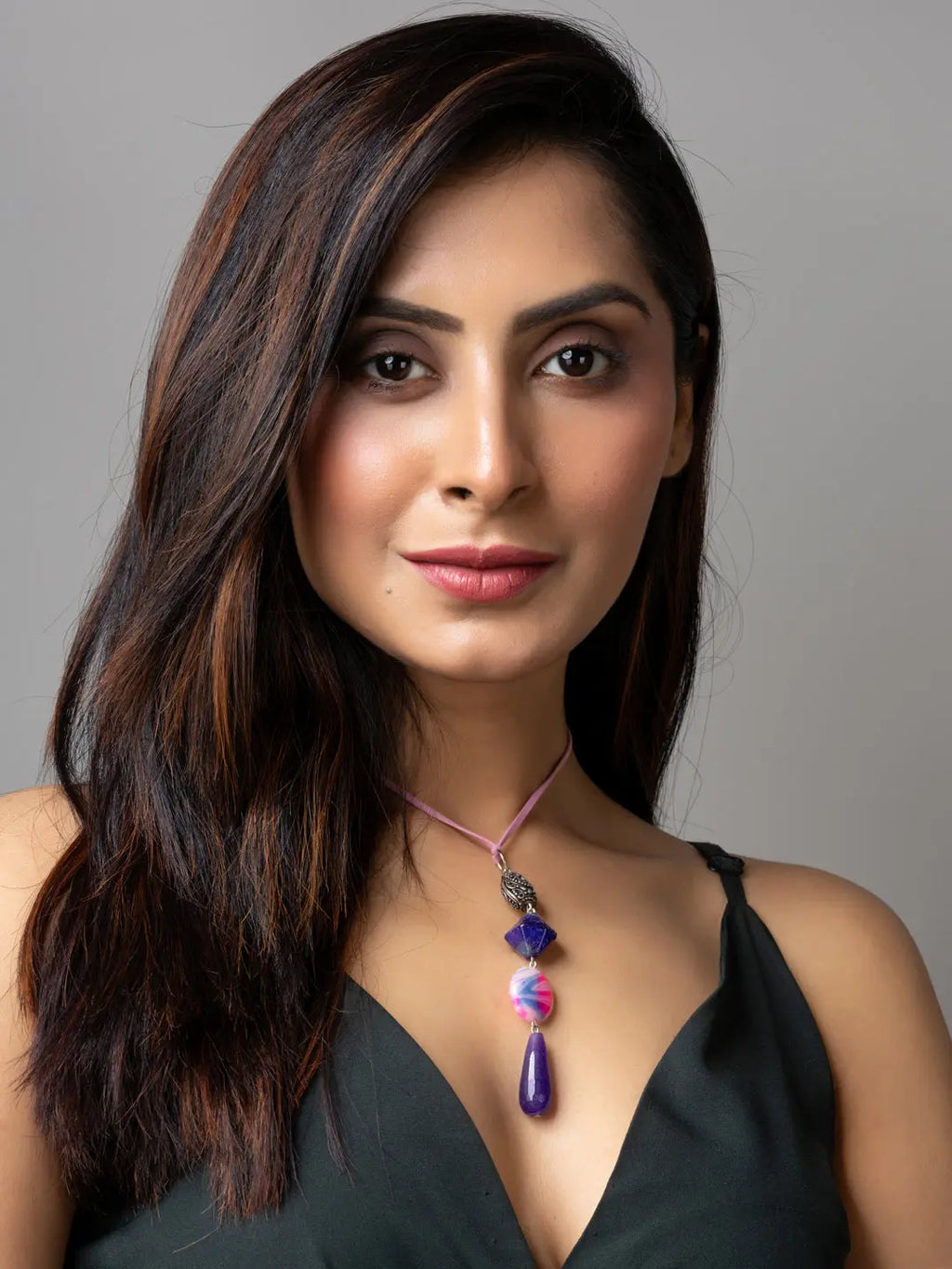 Purple Pink Onyx Agate Designer Sleek Necklace with Suede Cord - Lookandadorn.com