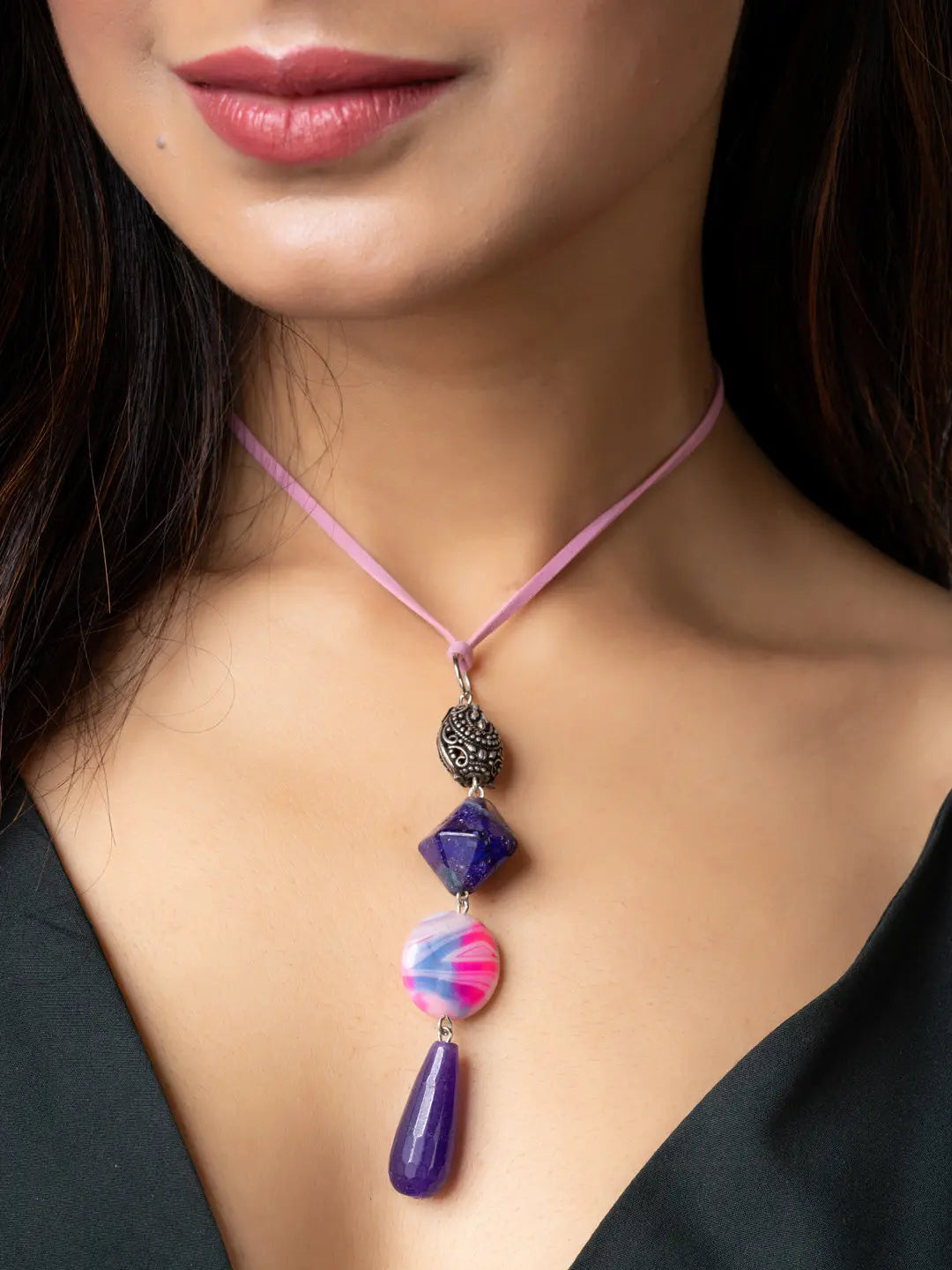 Purple Pink Onyx Agate Designer Sleek Necklace with Suede Cord - Lookandadorn.com