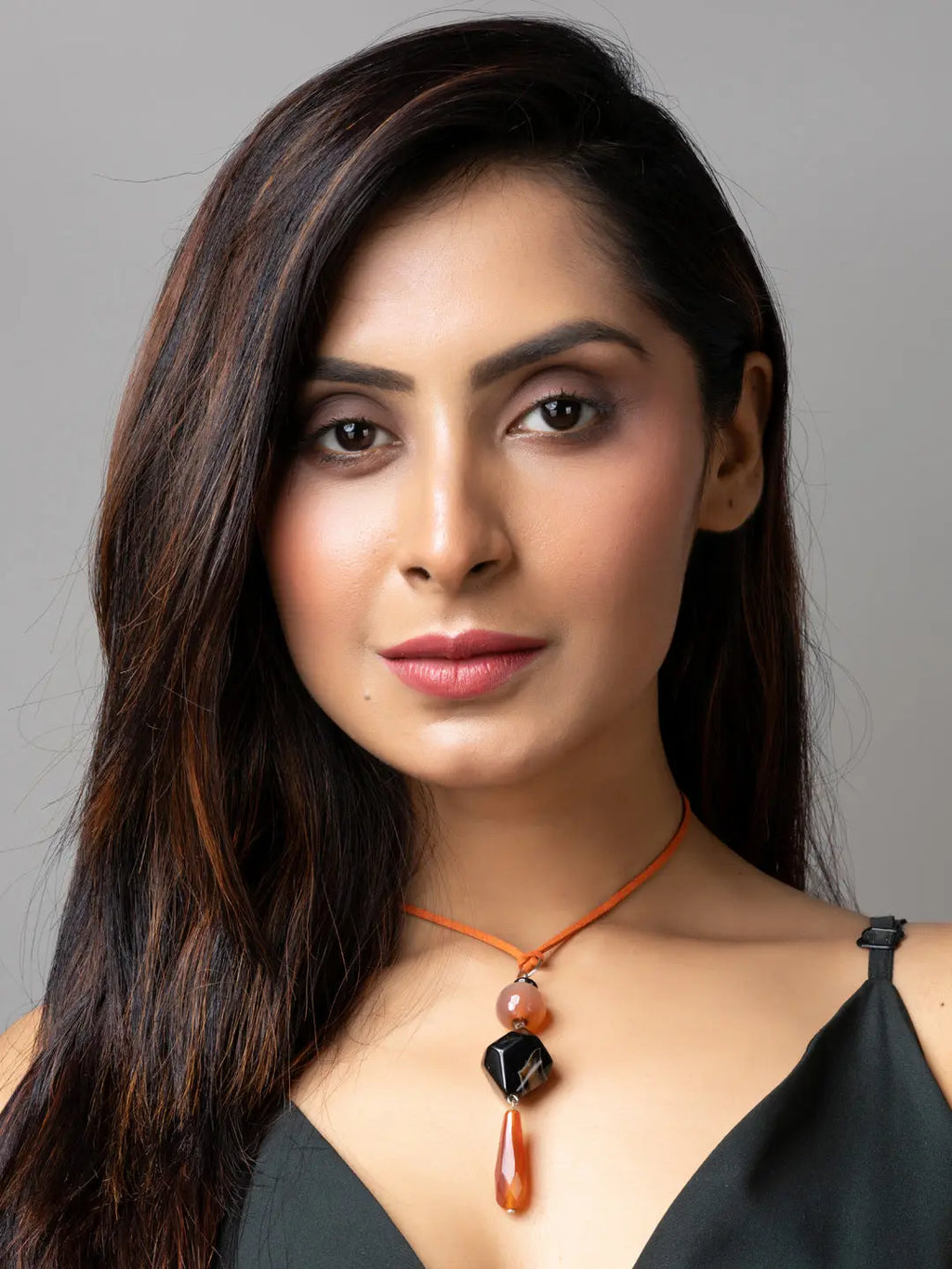 Brown Black Onyx Agate Designer Sleek Necklace with Suede Cord - Lookandadorn.com