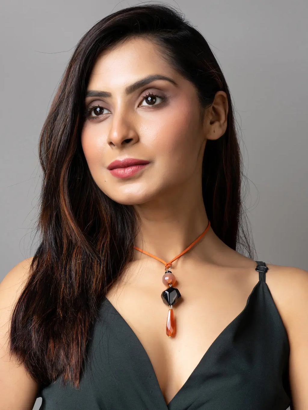 Brown Black Onyx Agate Designer Sleek Necklace with Suede Cord - Lookandadorn.com