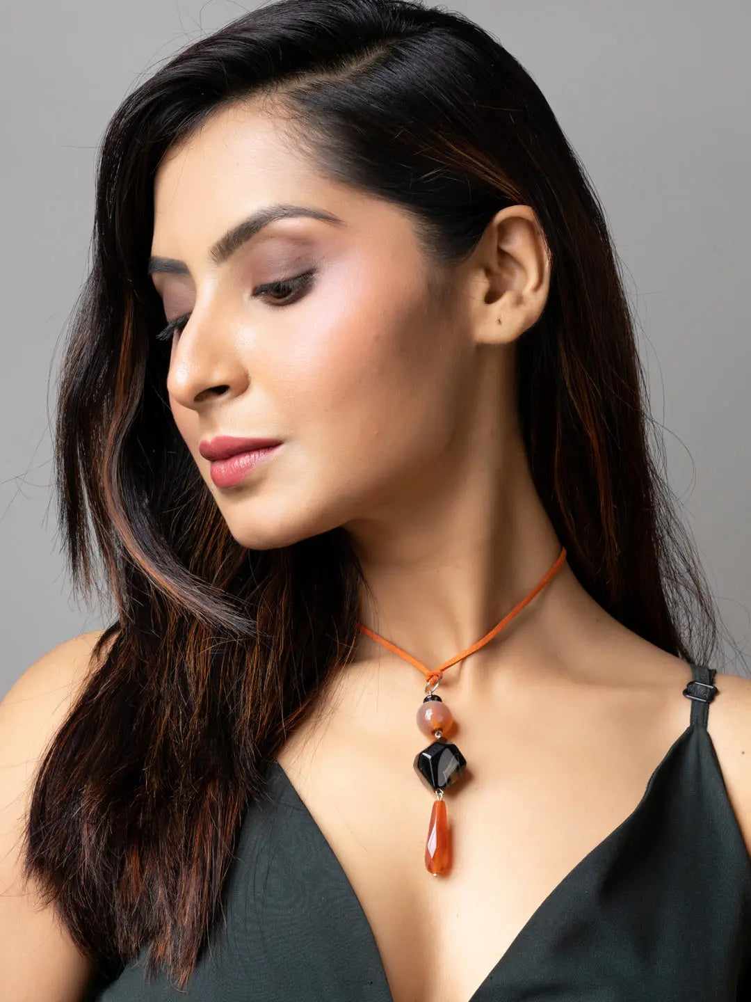 Brown Black Onyx Agate Designer Sleek Necklace with Suede Cord - Lookandadorn.com