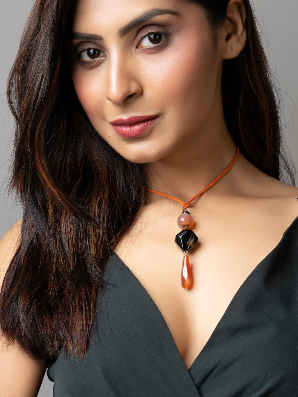 Brown Black Onyx Agate Designer Sleek Necklace with Suede Cord - Lookandadorn.com