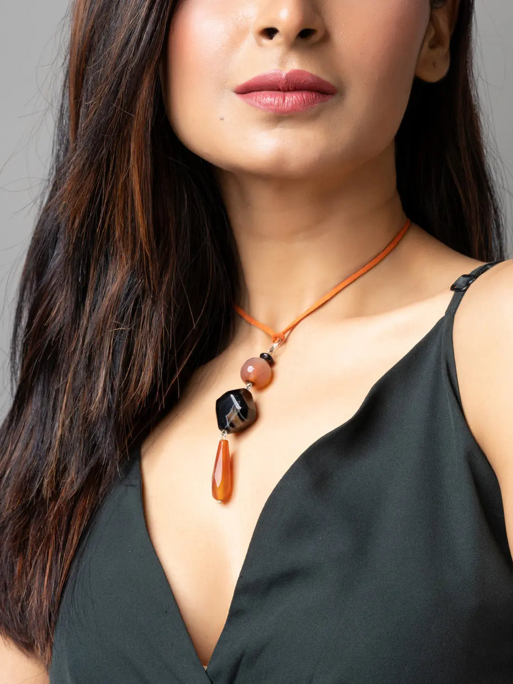 Brown Black Onyx Agate Designer Sleek Necklace with Suede Cord - Lookandadorn.com
