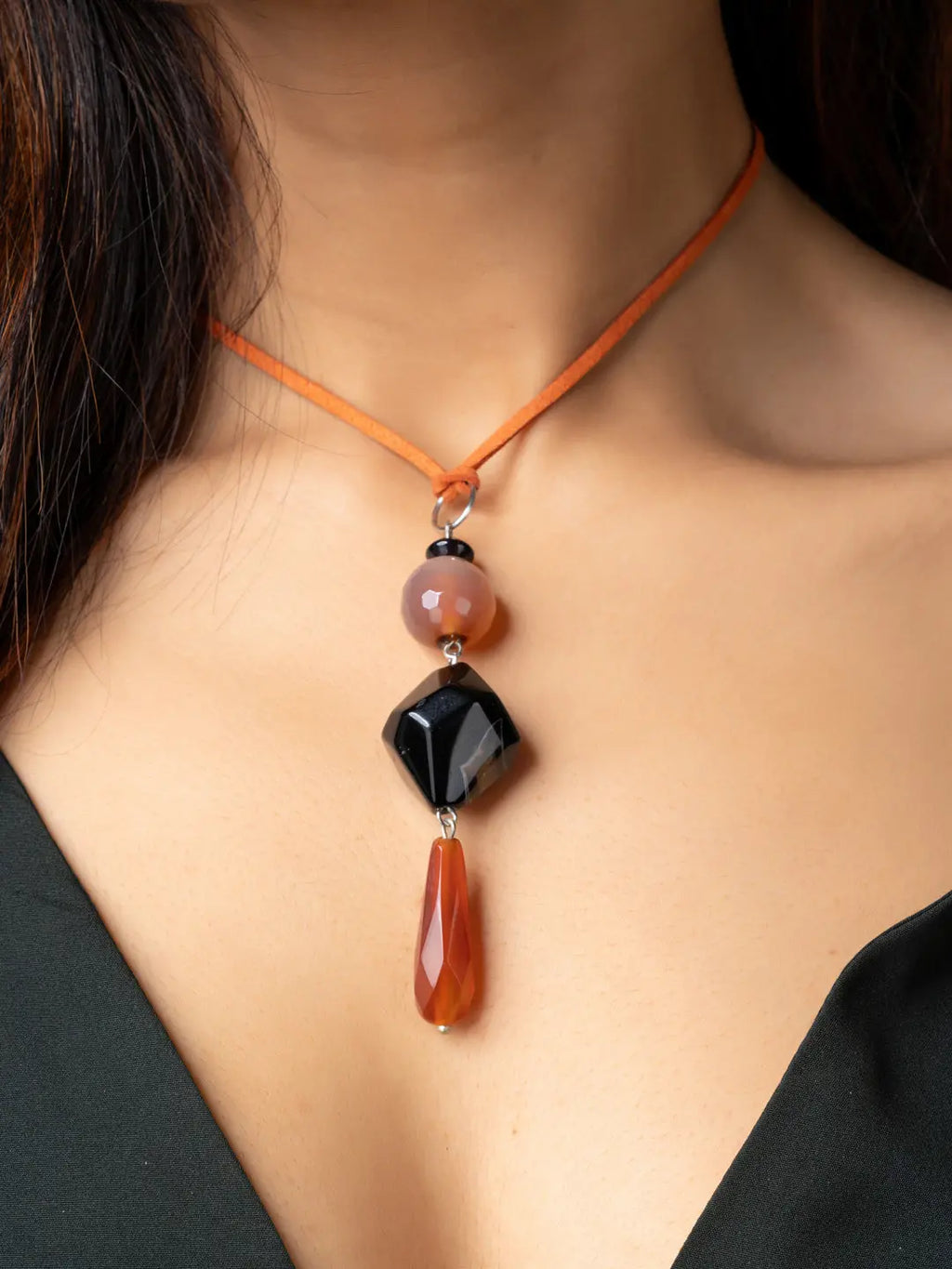 Brown Black Onyx Agate Designer Sleek Necklace with Suede Cord - Lookandadorn.com