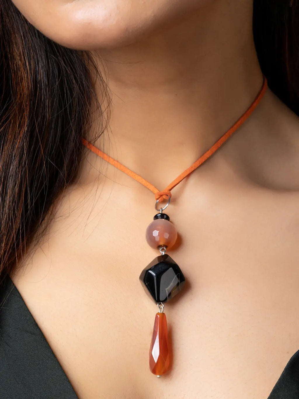 Brown Black Onyx Agate Designer Sleek Necklace with Suede Cord - Lookandadorn.com