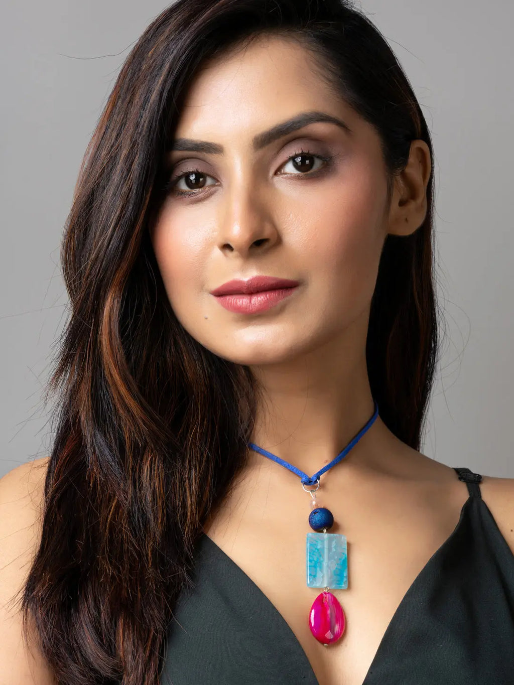 Pink Blue Onyx Agate Druzy Designer Sleek Necklace with Blue Suede Cord - Lookandadorn.com