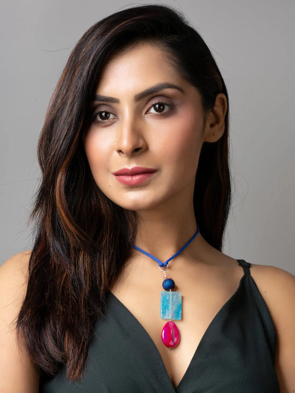 Pink Blue Onyx Agate Druzy Designer Sleek Necklace with Blue Suede Cord - Lookandadorn.com