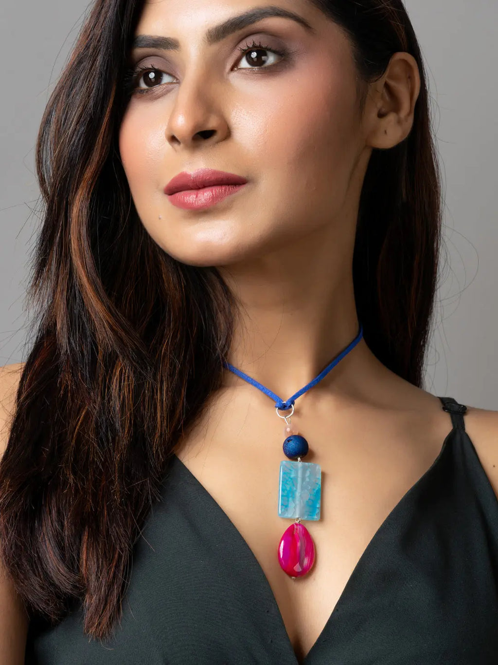 Pink Blue Onyx Agate Druzy Designer Sleek Necklace with Blue Suede Cord - Lookandadorn.com