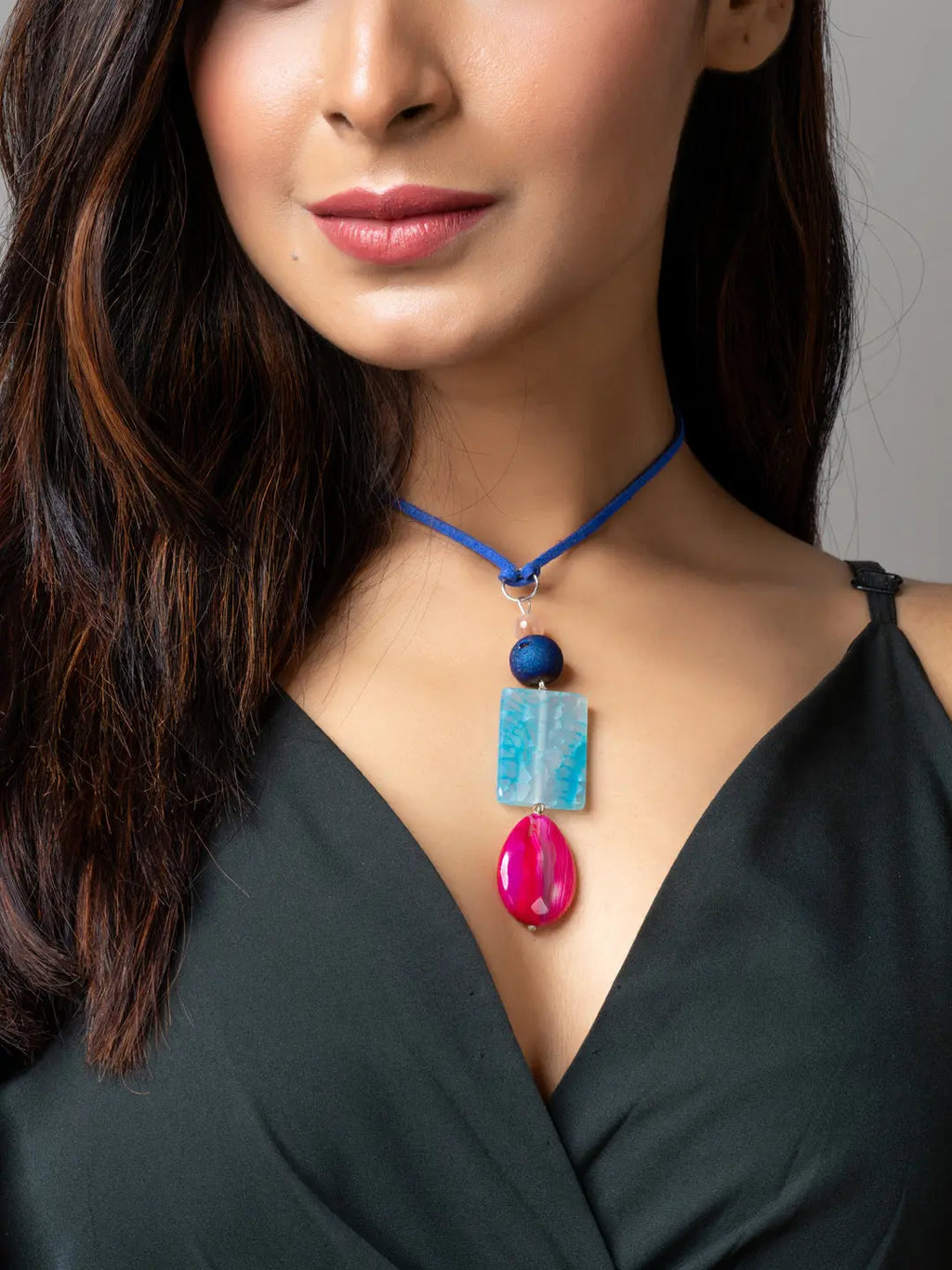 Pink Blue Onyx Agate Druzy Designer Sleek Necklace with Blue Suede Cord - Lookandadorn.com