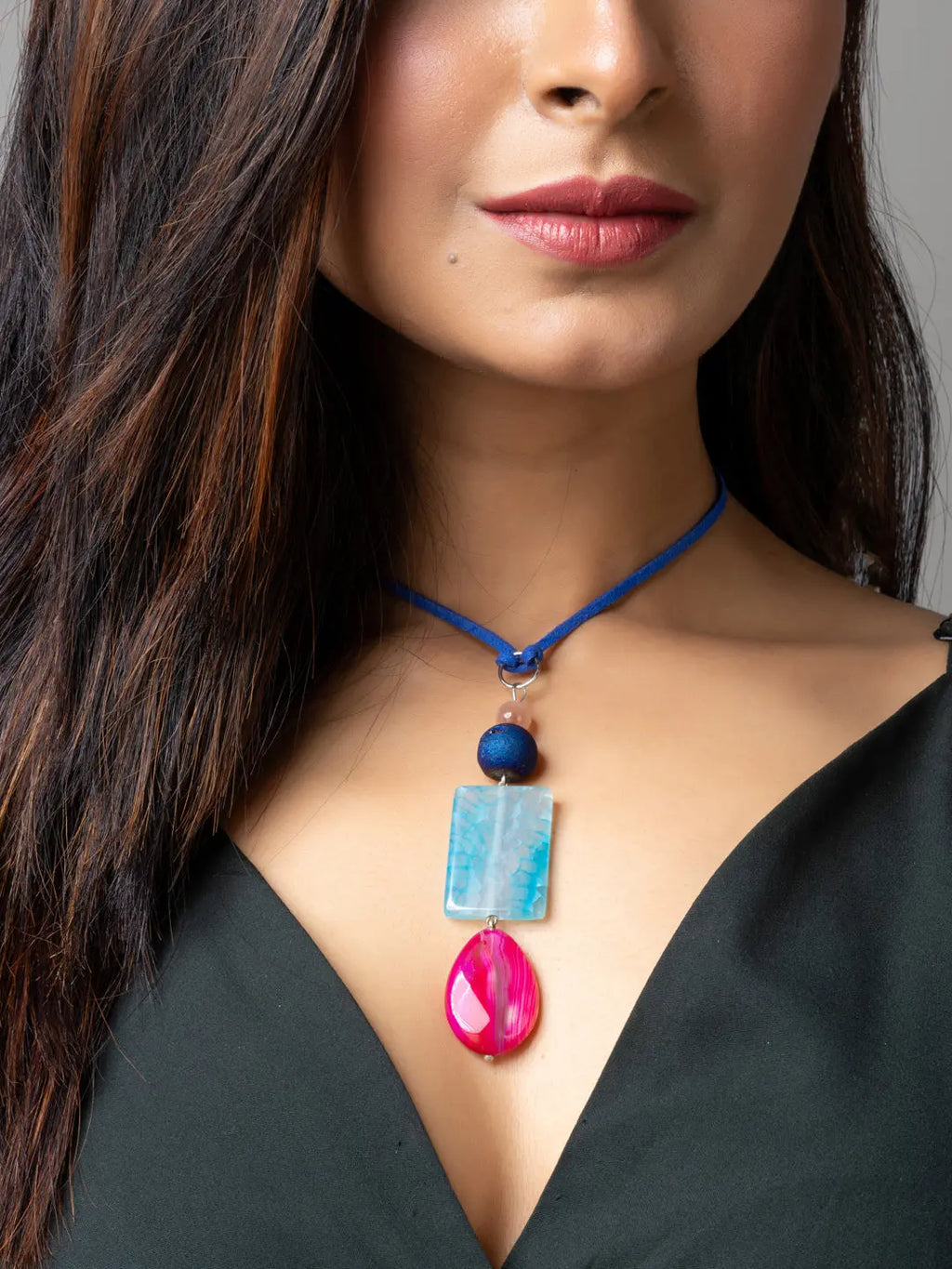 Pink Blue Onyx Agate Druzy Designer Sleek Necklace with Blue Suede Cord - Lookandadorn.com