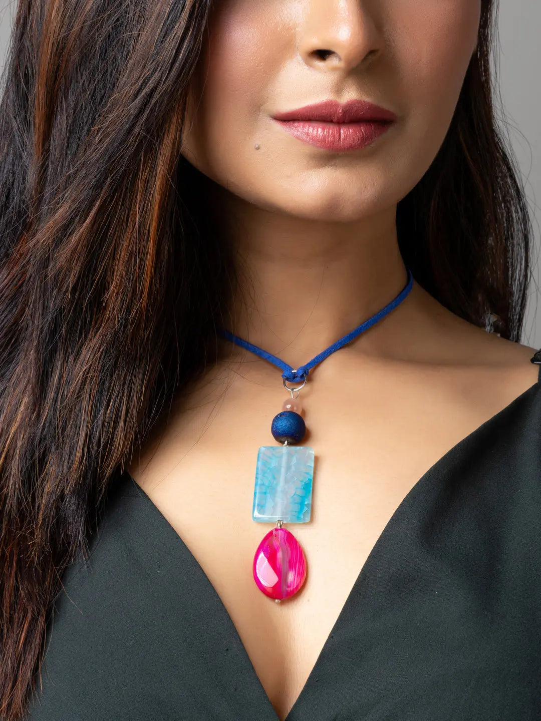 Pink Blue Onyx Agate Druzy Designer Sleek Necklace with Blue Suede Cord - Lookandadorn.com