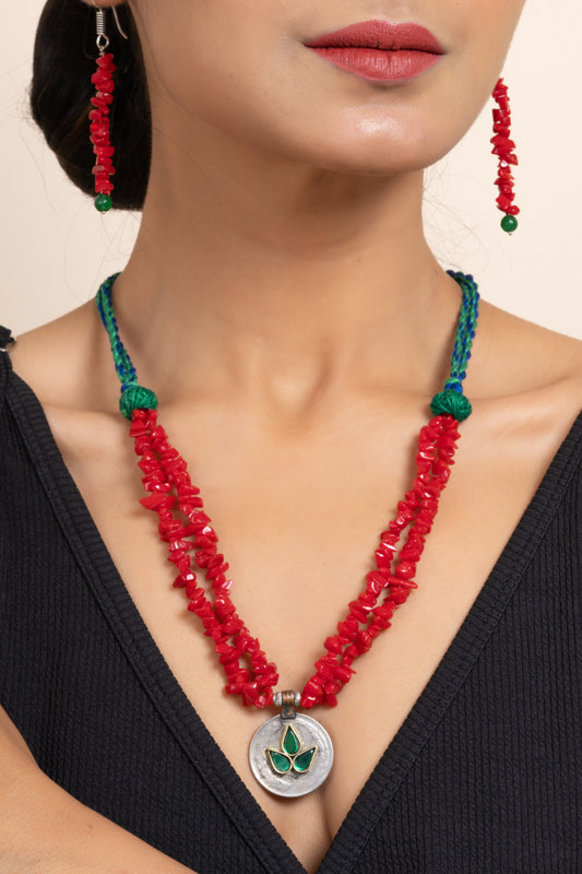 Handmade Original Afghan Pendant with Red Stone Chips Necklace Set and Matching Earrings