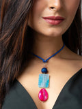 Pink Blue Onyx Agate Druzy Designer Sleek Necklace with Blue Suede Cord - Lookandadorn.com