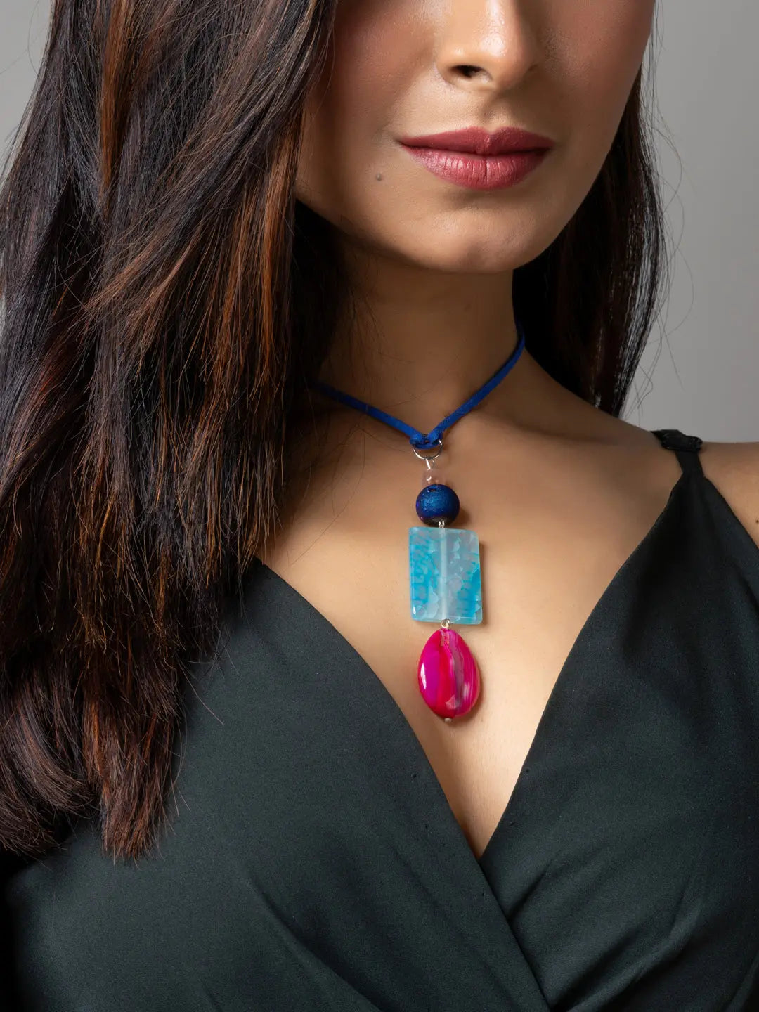 Pink Blue Onyx Agate Druzy Designer Sleek Necklace with Blue Suede Cord - Lookandadorn.com