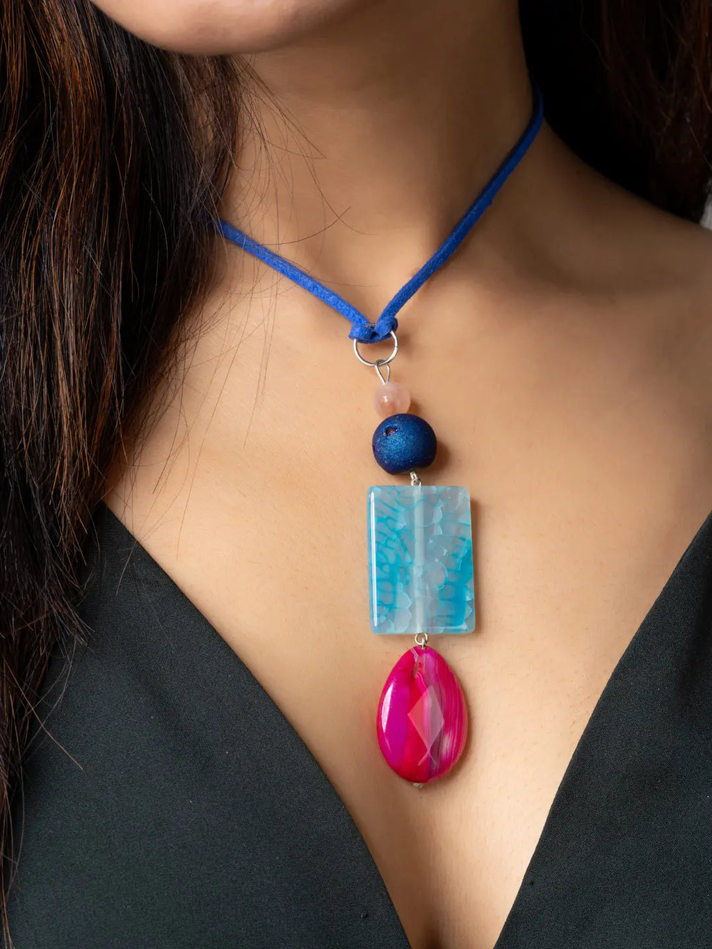 Pink Blue Onyx Agate Druzy Designer Sleek Necklace with Blue Suede Cord - Lookandadorn.com