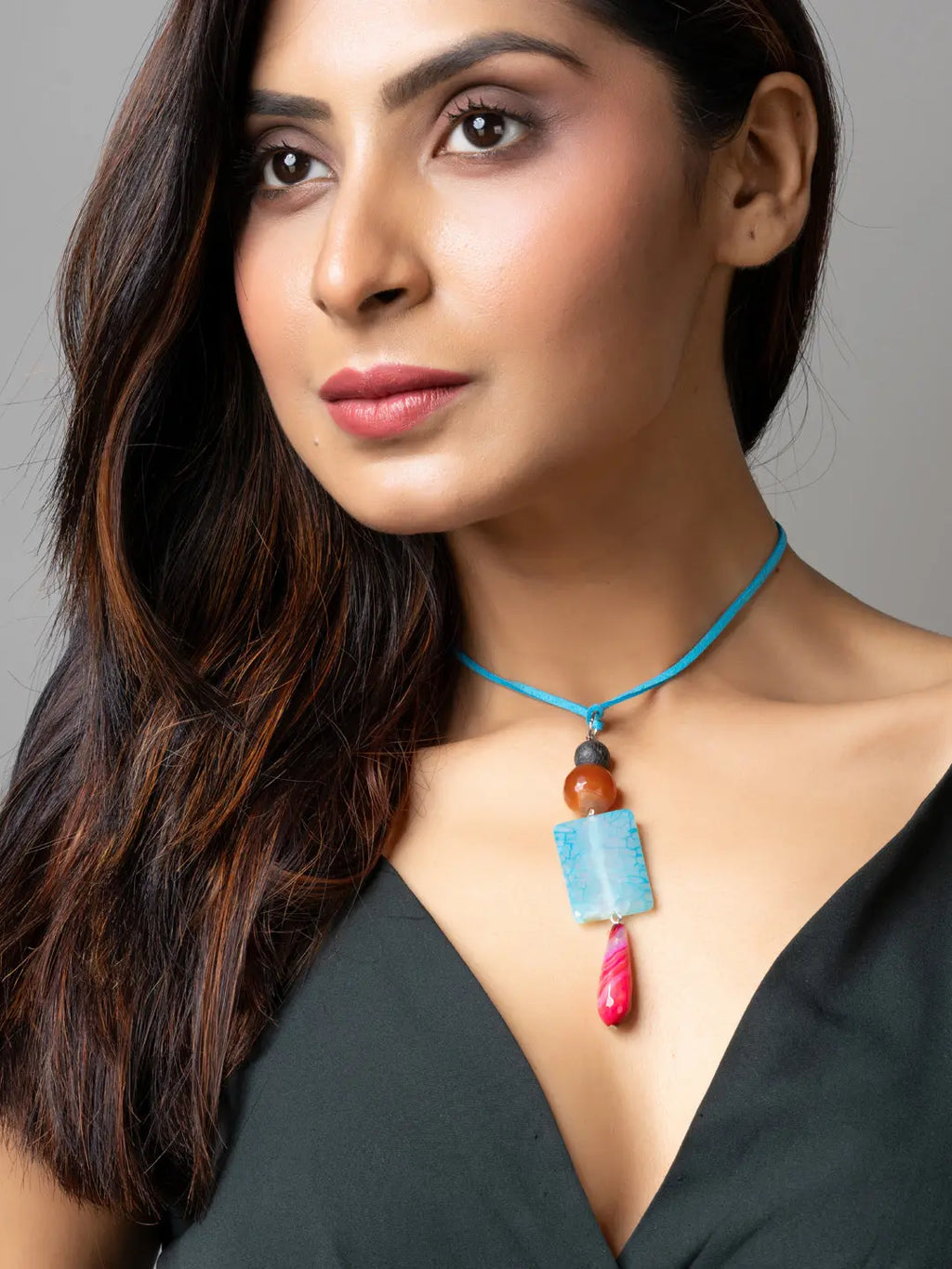 Pink Blue Brown Onyx Agate Lava Designer Sleek Necklace with Blue Suede Cord - Lookandadorn.com