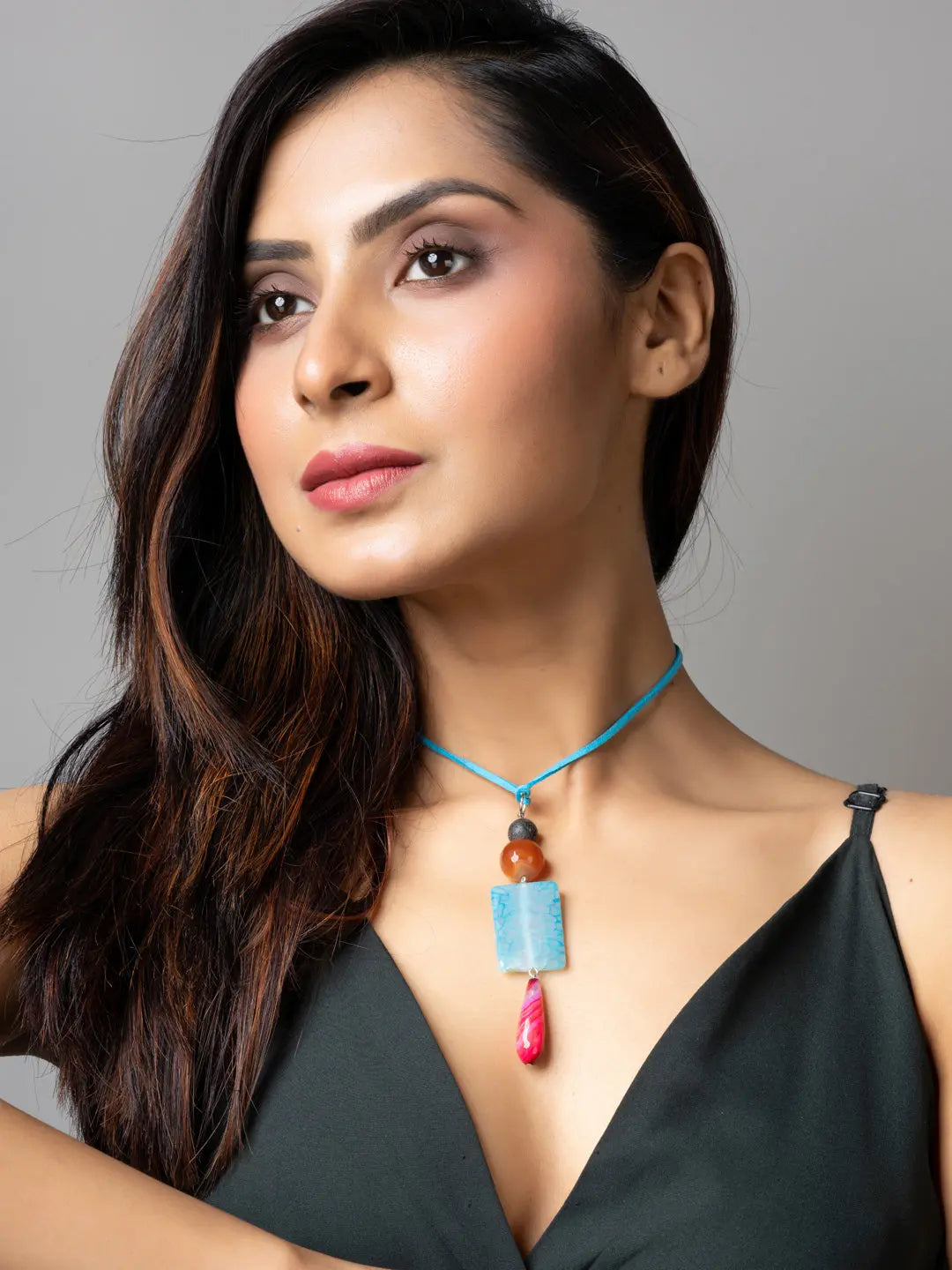 Pink Blue Brown Onyx Agate Lava Designer Sleek Necklace with Blue Suede Cord - Lookandadorn.com
