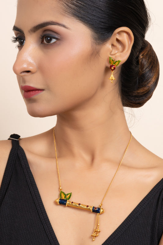 Gold Plated Meena Flute Pendant with Chain Necklace and Matching Earring