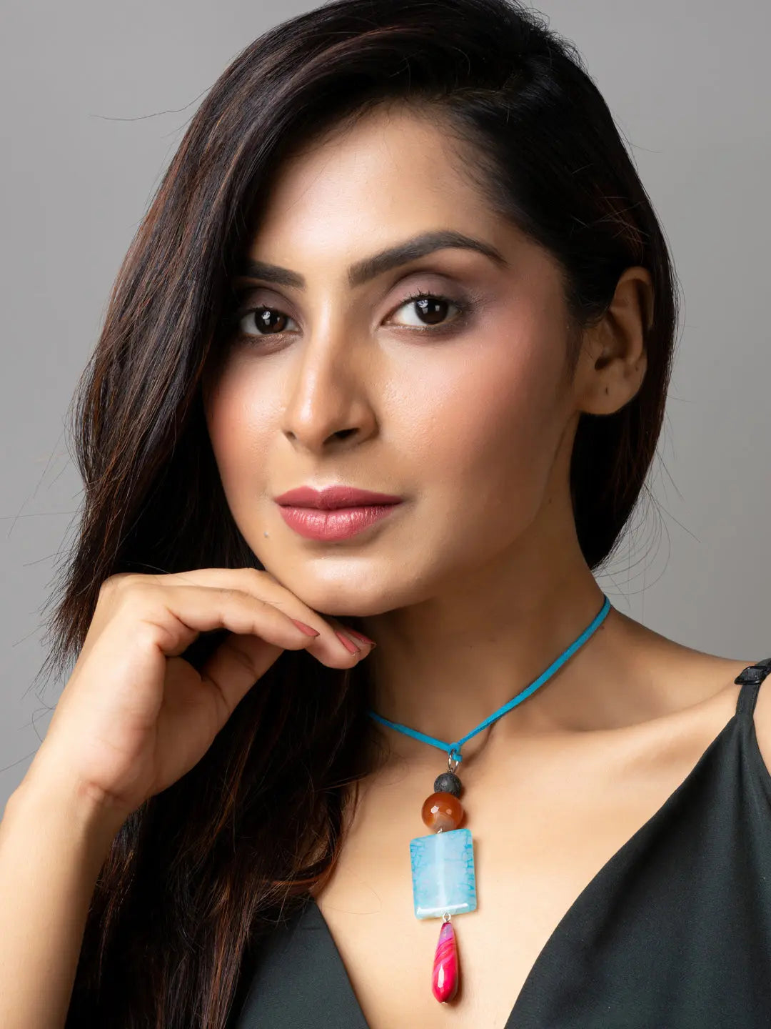 Pink Blue Brown Onyx Agate Lava Designer Sleek Necklace with Blue Suede Cord - Lookandadorn.com